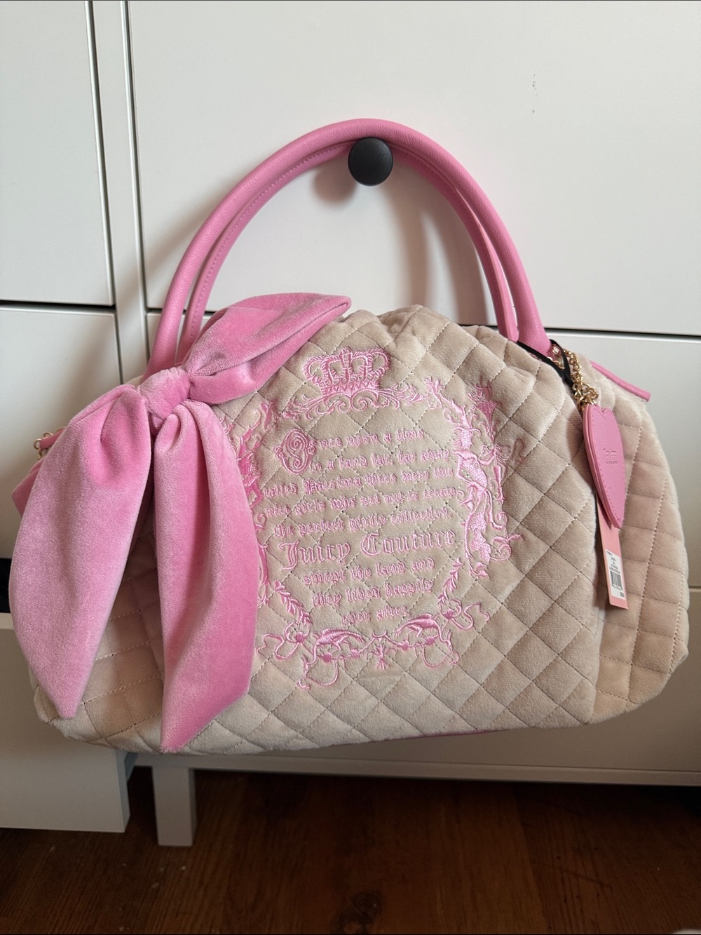 Juicy Couture Tales Cream Quilted Satchel with Pink Trim & Bow PINK INTERIOR